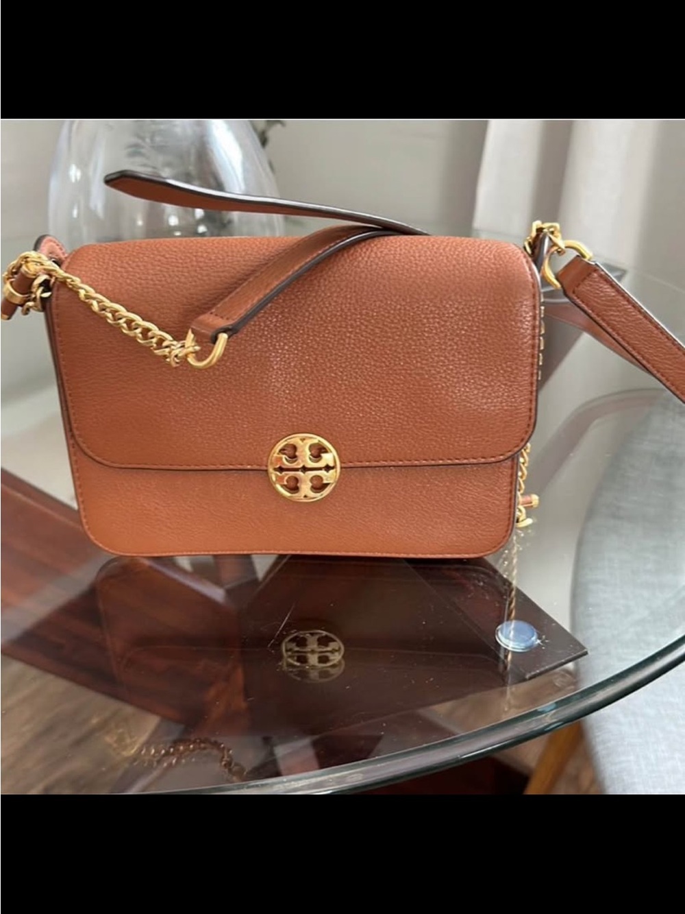 Tory Burch Brown Pebbled Leather Crossbody with Gold Logo